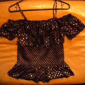 Smocked Mesh Detail Black Metalic Polka Dot Top
